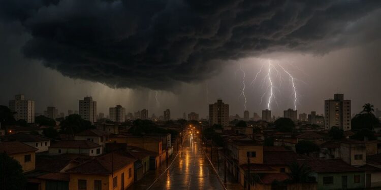 Imagem de uma tarde com a tempestade caindo na sob a cidade