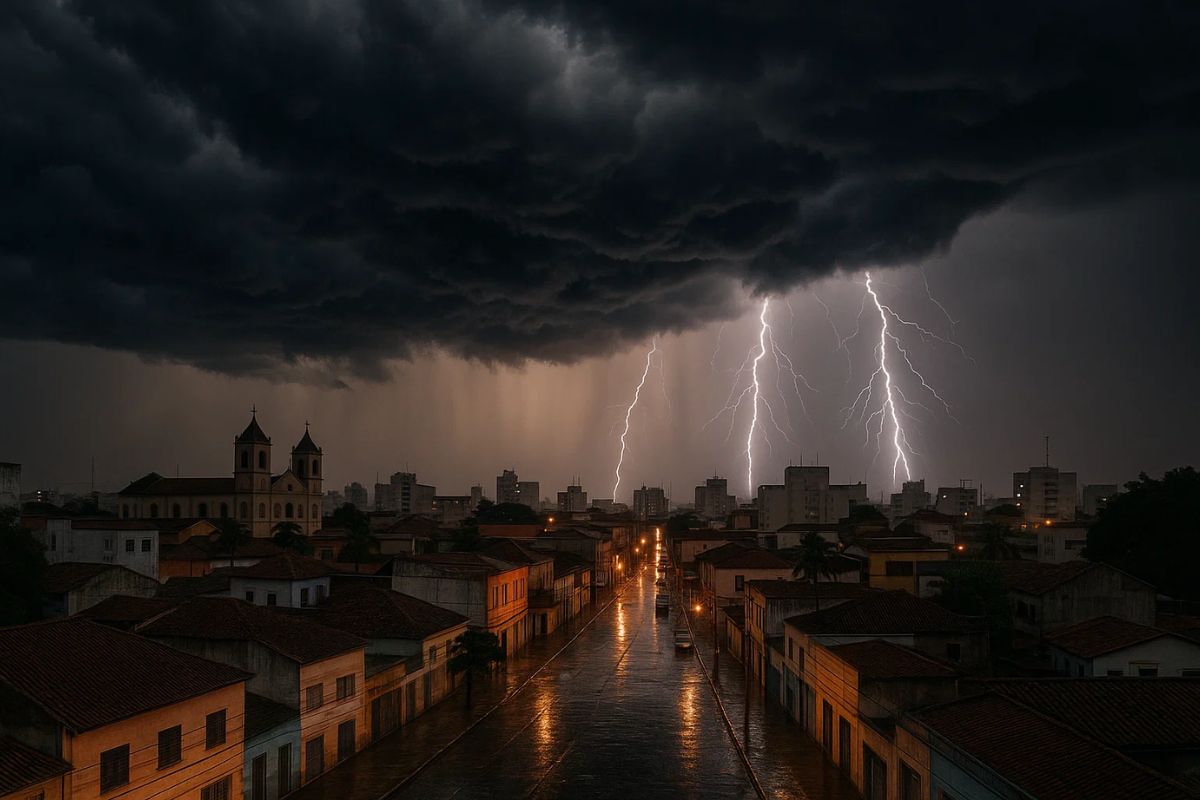 Imagem de uma tarde com a tempestade caindo na sob a cidade