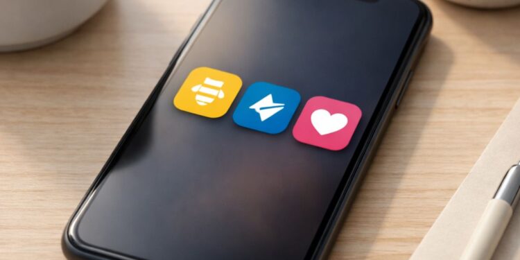 Uma tela com três logos de aplicativos alternativos ao Tinder