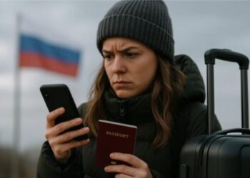 Uma moça com o passaporte na mão indo trabalhar na Rússia