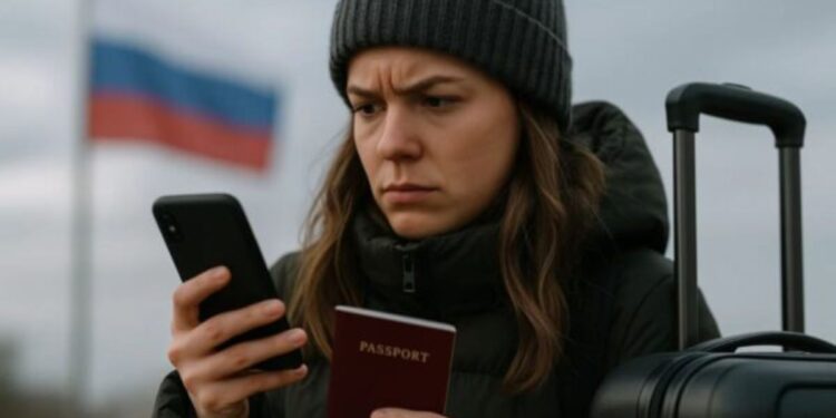 Uma moça com o passaporte na mão indo trabalhar na Rússia