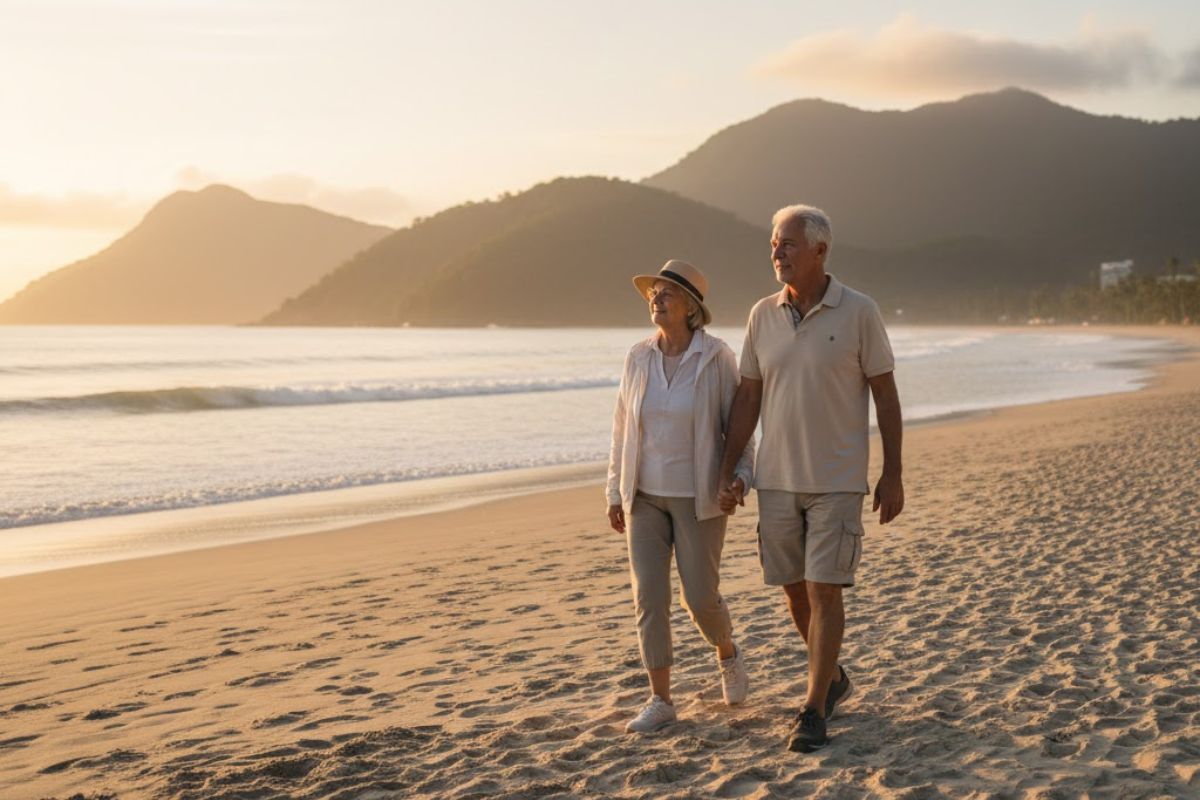 Um casal de idosos na praia após viajaram privilegiados pelos programas de turismo 60+