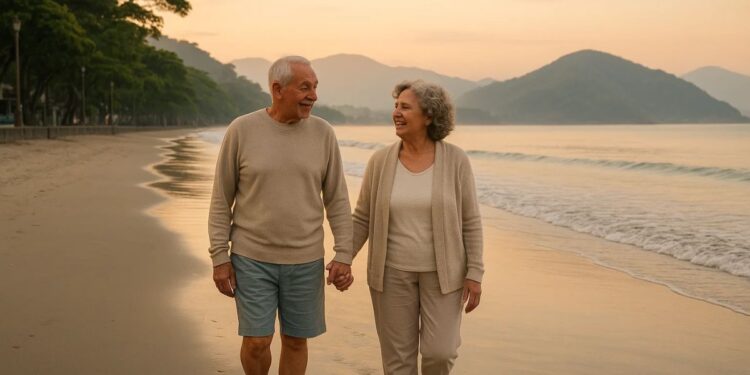 Um casal de idosos na praia após viajaram privilegiados pelos programas de turismo 60+