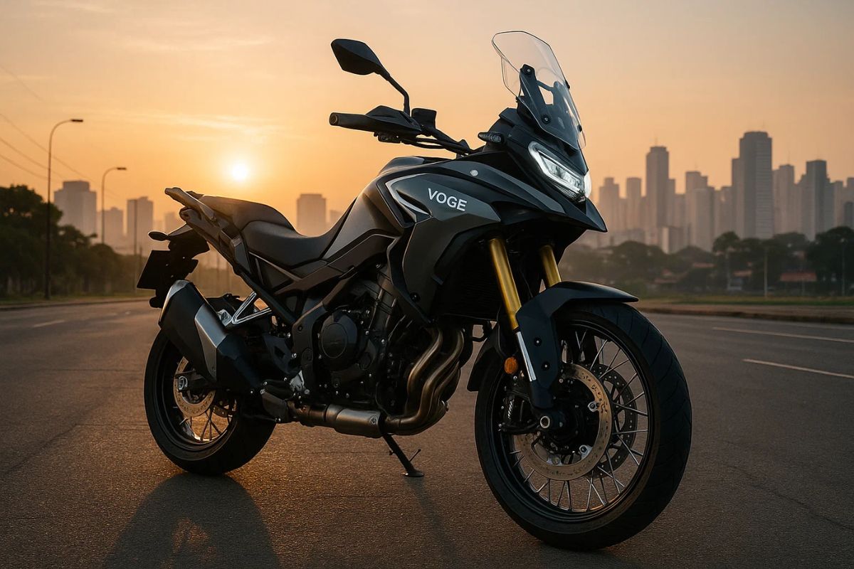 Uma moto Voge estacionada durante o pôr do sol