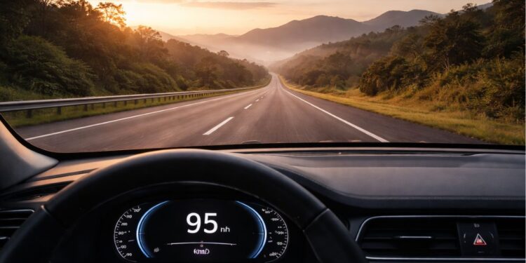 Painel de um carro exibe a velocidade ideal para viajar, 95 km/h