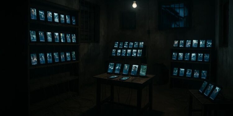 Celulares em uma sala escura, usados para inflar visualizações no YouTube