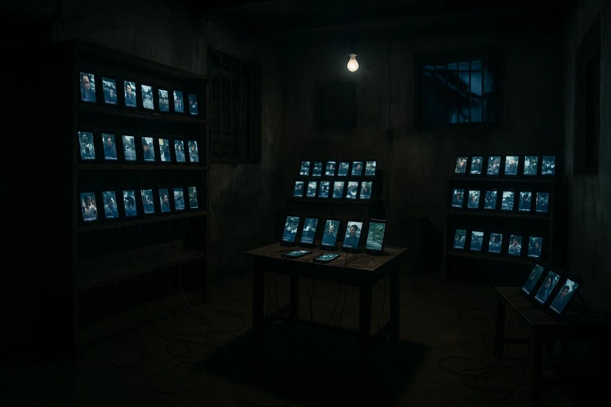 Celulares em uma sala escura, usados para inflar visualizações no YouTube