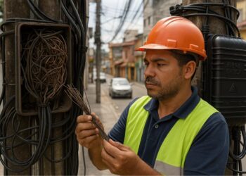 Um técnico desativando as linhas da Vivo