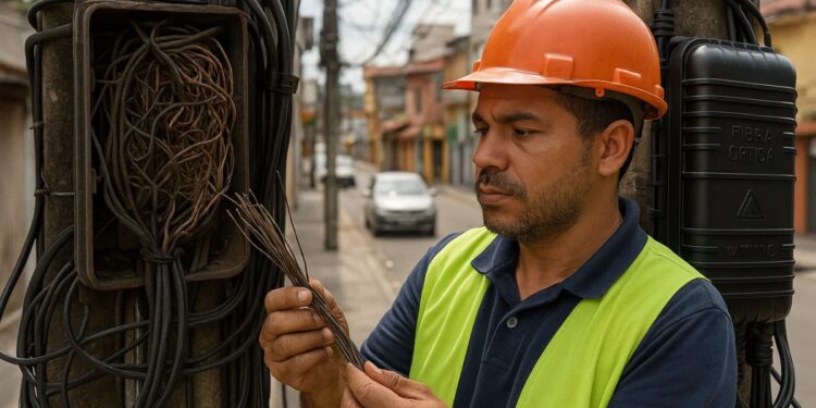 Um técnico desativando as linhas da Vivo