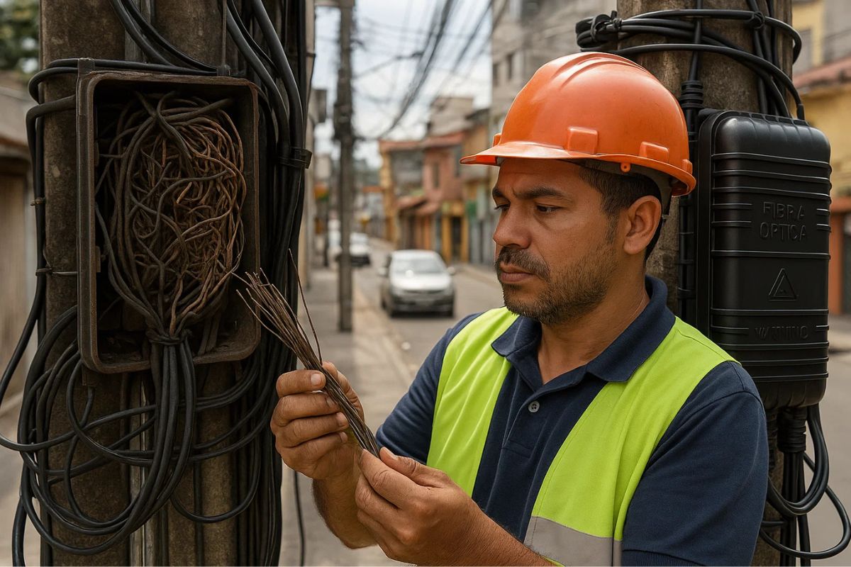 Um técnico desativando as linhas da Vivo