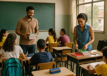 Professores e alunos na sala após a volta às aulas 2026
