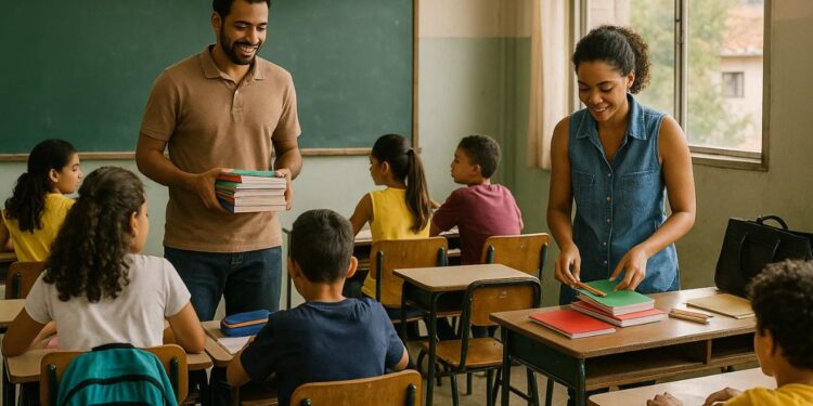 Professores e alunos na sala após a volta às aulas 2026