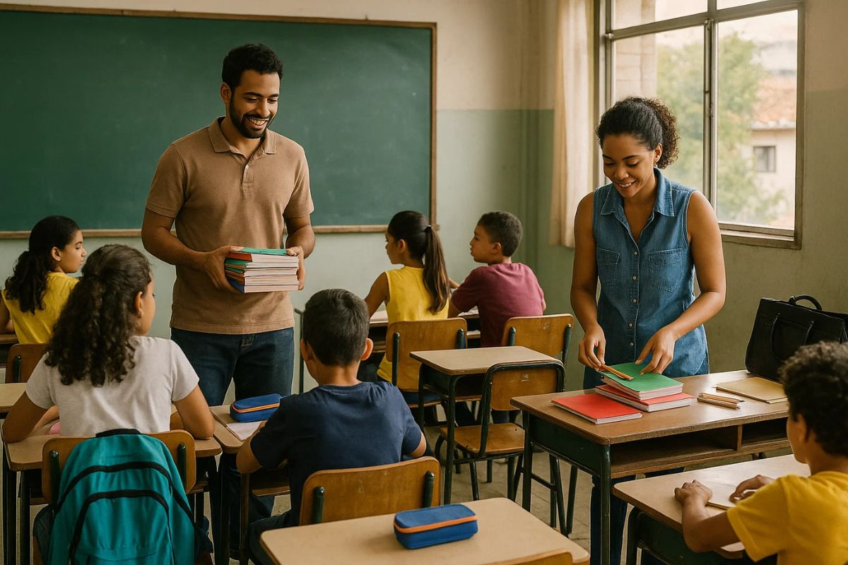Professores e alunos na sala após a volta às aulas 2026