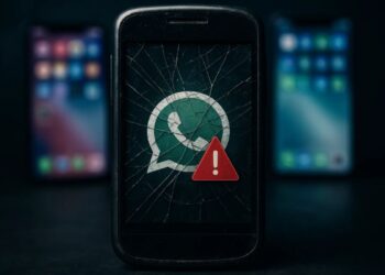 Um celular antigo com o WhatsApp na tela com sinal de exclamação