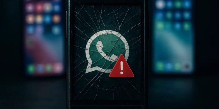Um celular antigo com o WhatsApp na tela com sinal de exclamação