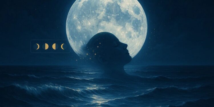 Imagem noturna no mar, mostrando as fases da lua