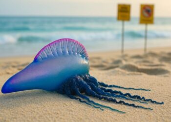 Uma das Caravelas-portuguesas na areia da praia