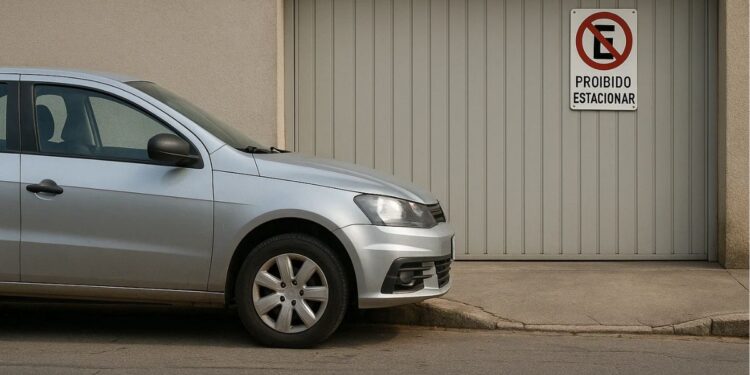 Um carro após estacionar em frente à garagem