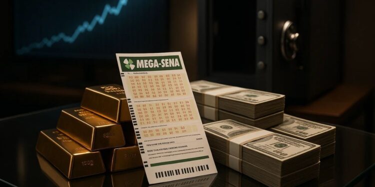 prêmio da mega-sena em barra de ouro, dólar e um bilhete do jogo