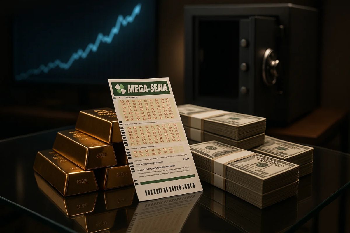 prêmio da mega-sena em barra de ouro, dólar e um bilhete do jogo