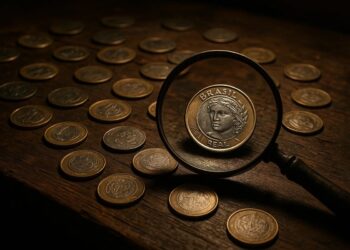 Uma lupa dando zoom em uma moeda de R$ 1,00