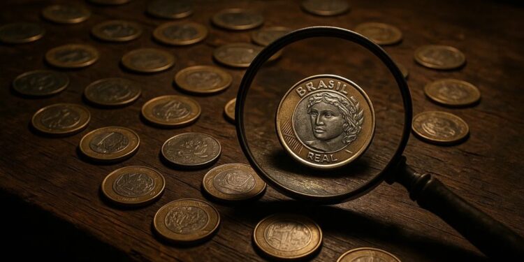 Uma lupa dando zoom em uma moeda de R$ 1,00