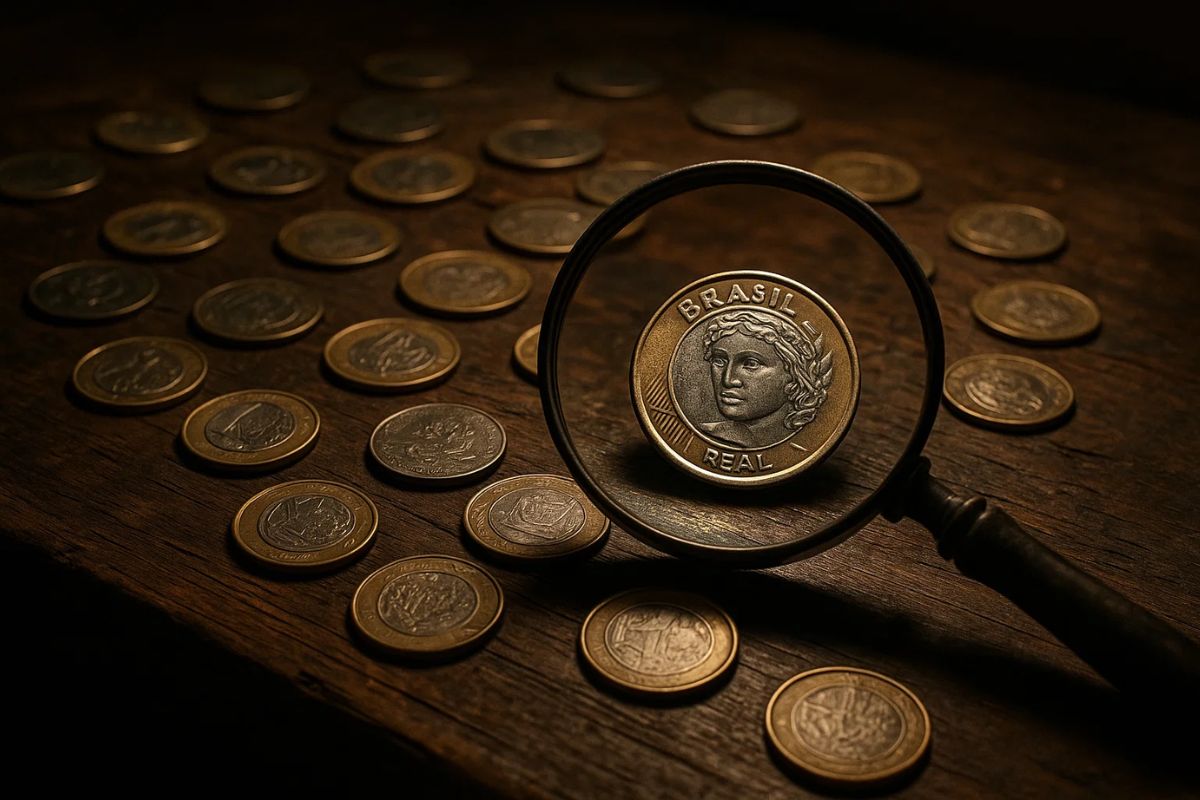 Uma lupa dando zoom em uma moeda de R$ 1,00