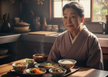Uma senhora japonesa em frente à mesa com alimentos, antes de praticar a regra dos 80%