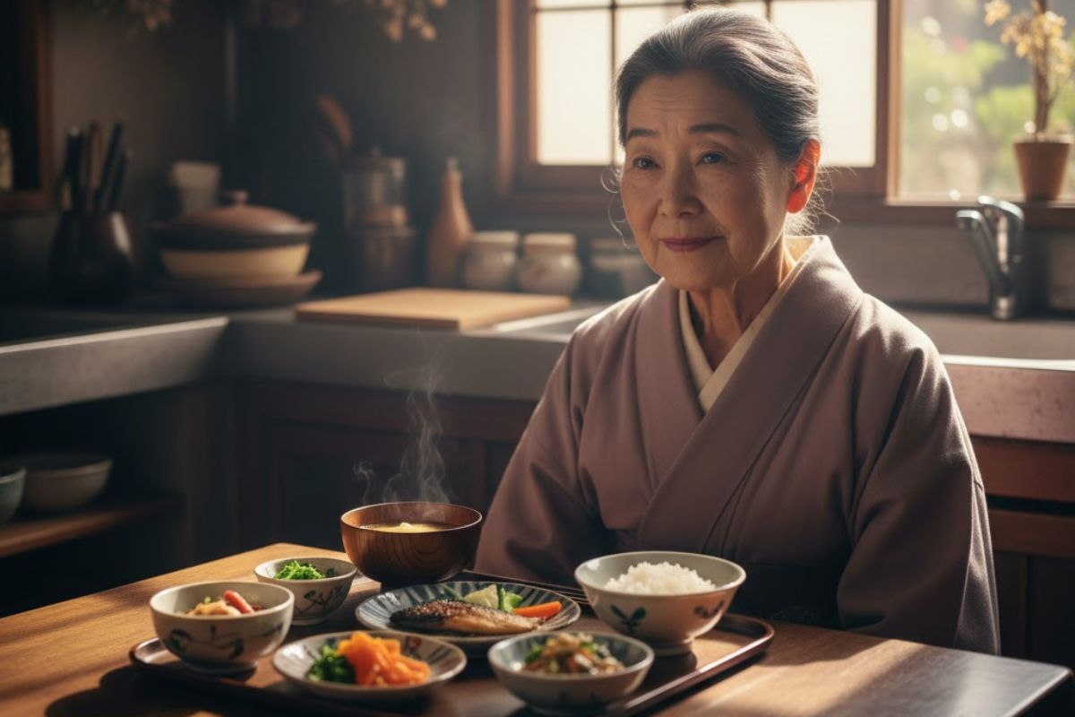Uma senhora japonesa em frente à mesa com alimentos, antes de praticar a regra dos 80%