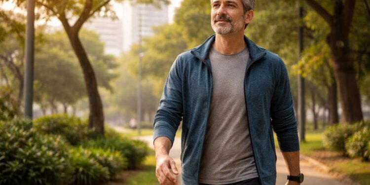 Um homem que passou dos 40 está feliz caminhando