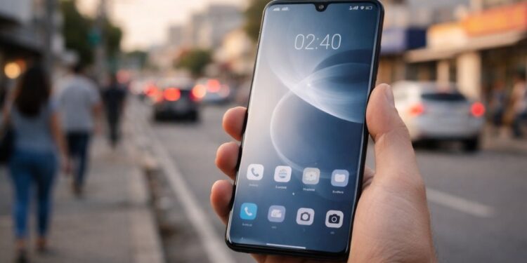 Um celular com Android 17 na mão de uma pessoa na rua