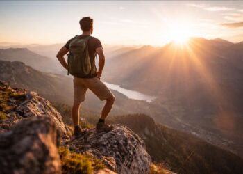 Uma pessoa em cima de uma montanha, feliz após conseguir tirar um ano sabático
