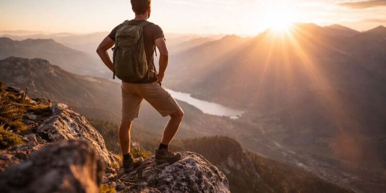 Uma pessoa em cima de uma montanha, feliz após conseguir tirar um ano sabático
