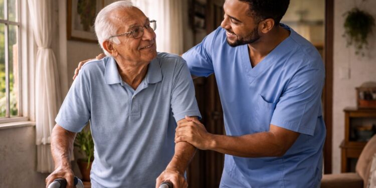 Um senhor recebendo auxílio após a aposentadoria