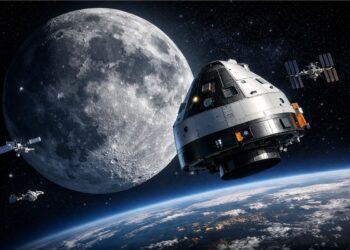 Ilustração da missão Artemis 2 em frente à lua