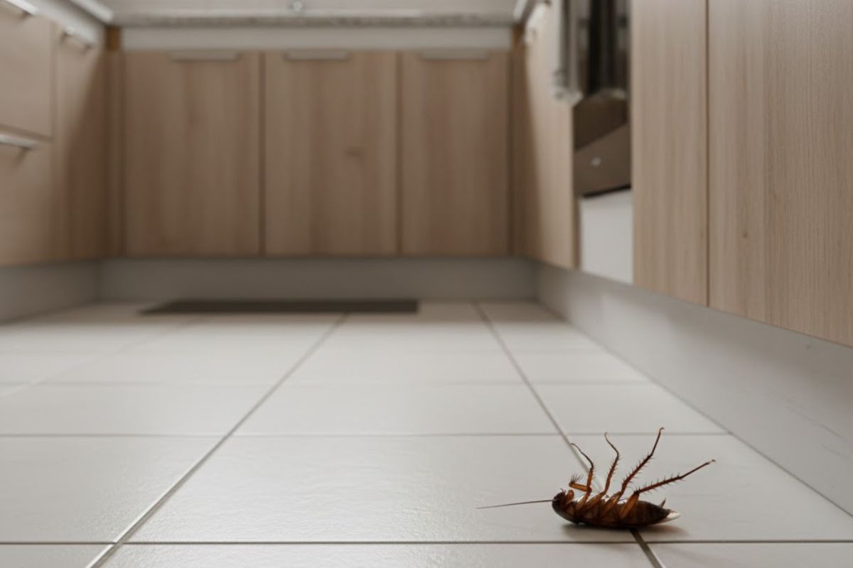 Barata de barriga para cima em uma cozinha