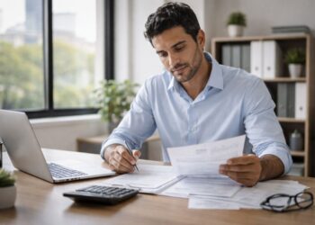 Um homem com documentos na mão para organizar os benefícios fiscais
