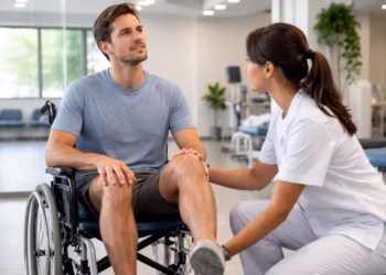 Um dos pacientes com lesão na medula que voltaram a andar, e está saindo da cadeira de rodas