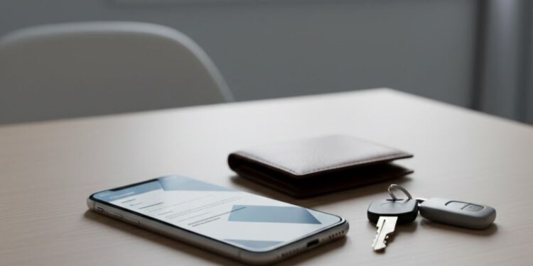 CNH Digital no celular e uma carteira com chave de carro