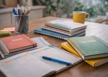 Cadernos e diários em cima da mesa