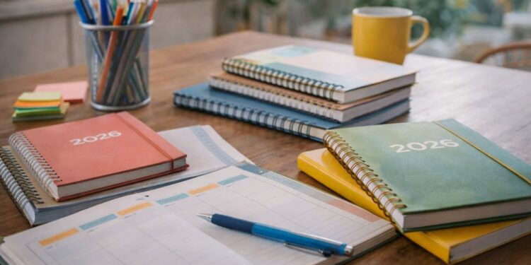 Cadernos e diários em cima da mesa