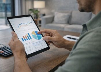 Uma pessoa com tablet na mão usa a calculadora para planejar reserva financeira