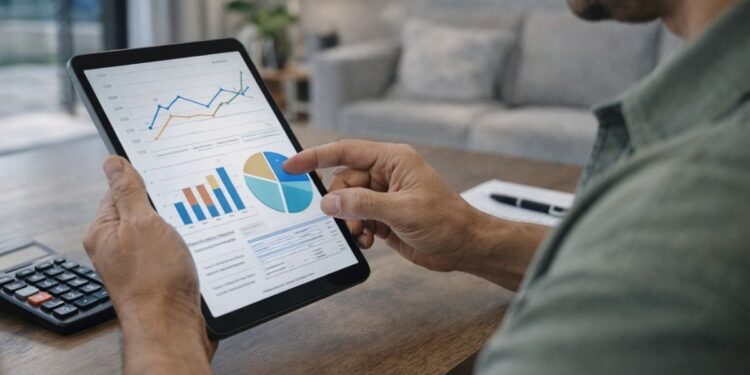 Uma pessoa com tablet na mão usa a calculadora para planejar reserva financeira