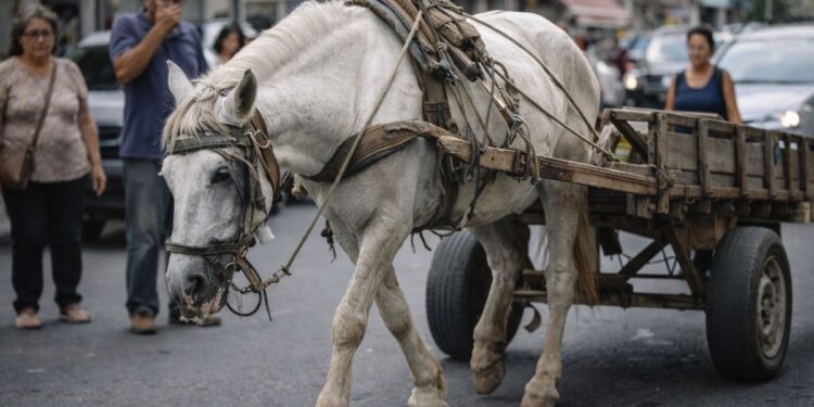 Um cavalo carrega uma carroça antes da aprovação da nova lei na Câmara