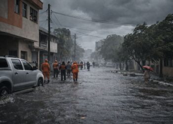 Uma cena de alagamento em um dia de Ciclone e frente fria