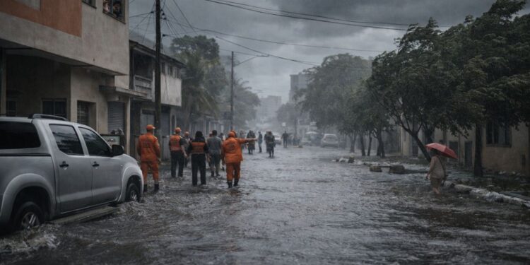 Uma cena de alagamento em um dia de Ciclone e frente fria