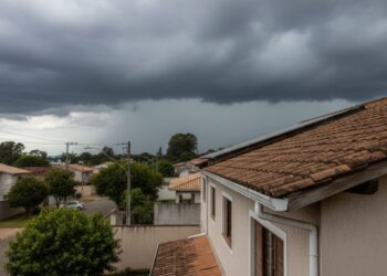 Uma cidade com o tempo nublado antes de receber o ciclone extratropical