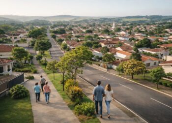 Imagem de uma cidade paulista com 4 pessoas caminhando durante a tarde