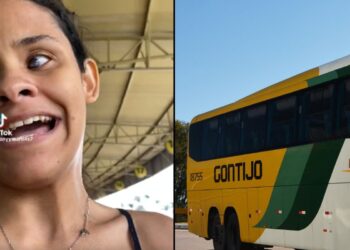 Deficiente visual (Dany Martins) ao lado direito um ônibus da Gontijo