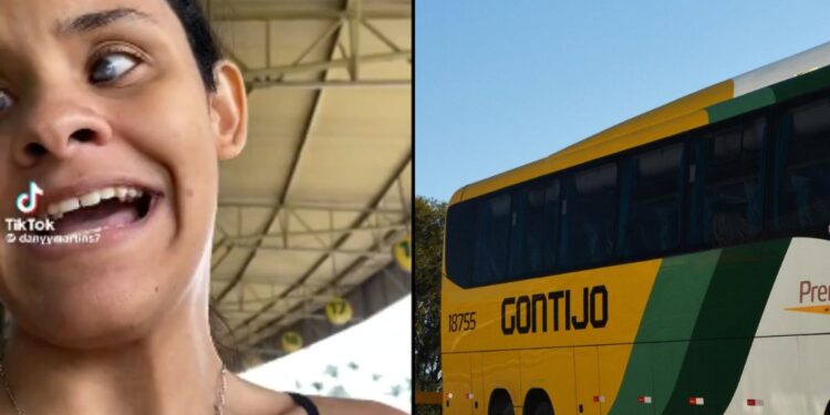 Deficiente visual (Dany Martins) ao lado direito um ônibus da Gontijo